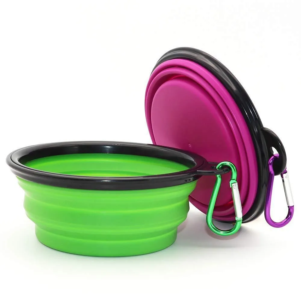 2 Pack Collapsible Portable Pet Feeding Watering Dish with Carabiners - 34 OZ