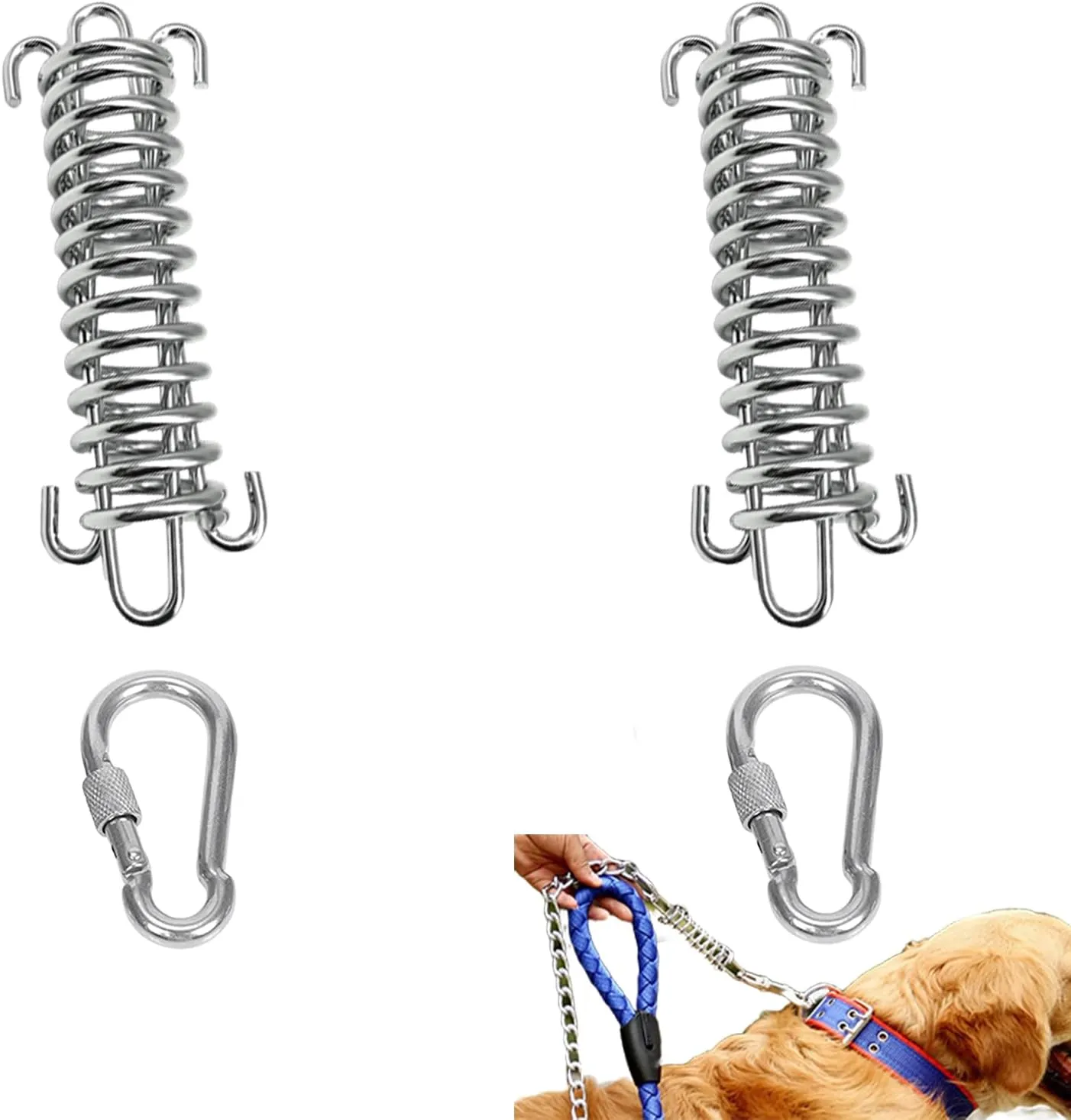 2 Pack Metal Bungee Leash Extension for Large Dogs, Tie Out Cable Attachment, Shock Absorbing Leash Spring for Training, Running