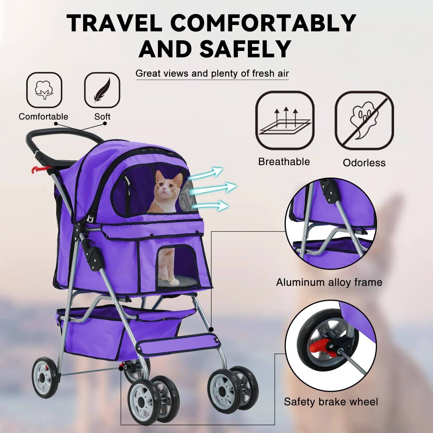 4 Wheels Cat Stroller, Pet Dog Jogger Stroller, Folding Carrier Waterproof Puppy Stroller with Cup Holder & Removable Liner, Dog Strollers for Small Dogs, for Small and Medium Pet Supplies (Purple)