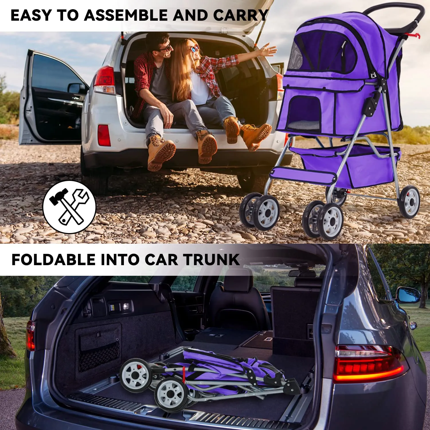 4 Wheels Cat Stroller, Pet Dog Jogger Stroller, Folding Carrier Waterproof Puppy Stroller with Cup Holder & Removable Liner, Dog Strollers for Small Dogs, for Small and Medium Pet Supplies (Purple)