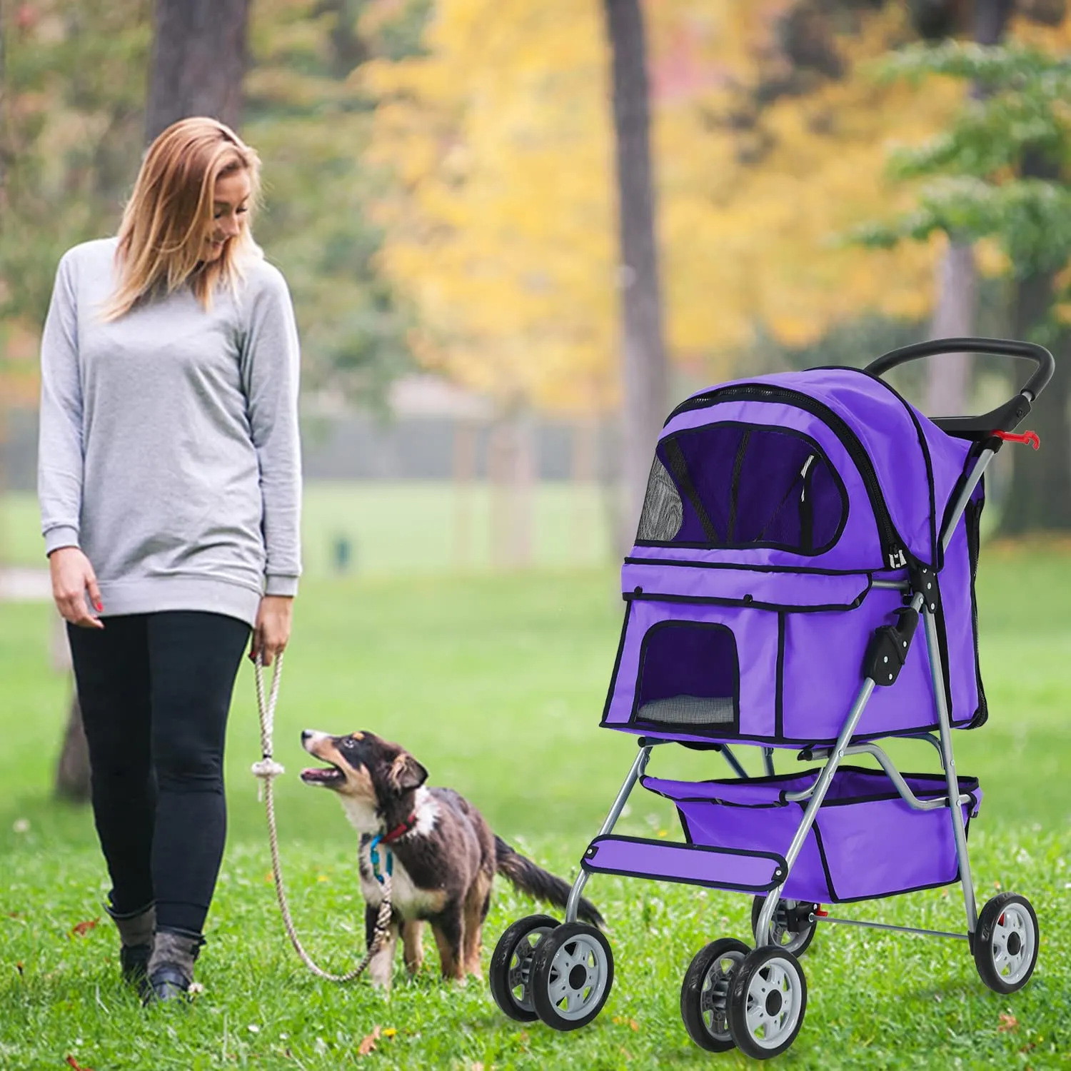 4 Wheels Cat Stroller, Pet Dog Jogger Stroller, Folding Carrier Waterproof Puppy Stroller with Cup Holder & Removable Liner, Dog Strollers for Small Dogs, for Small and Medium Pet Supplies (Purple)