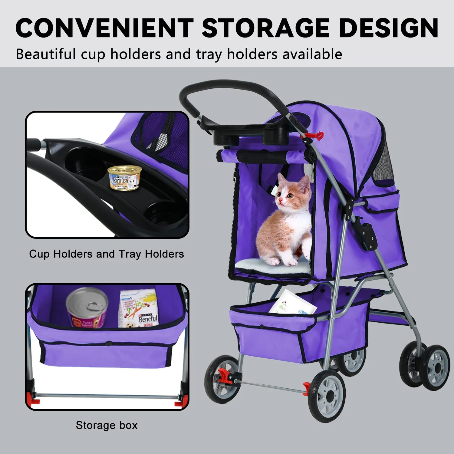 4 Wheels Cat Stroller, Pet Dog Jogger Stroller, Folding Carrier Waterproof Puppy Stroller with Cup Holder & Removable Liner, Dog Strollers for Small Dogs, for Small and Medium Pet Supplies (Purple)