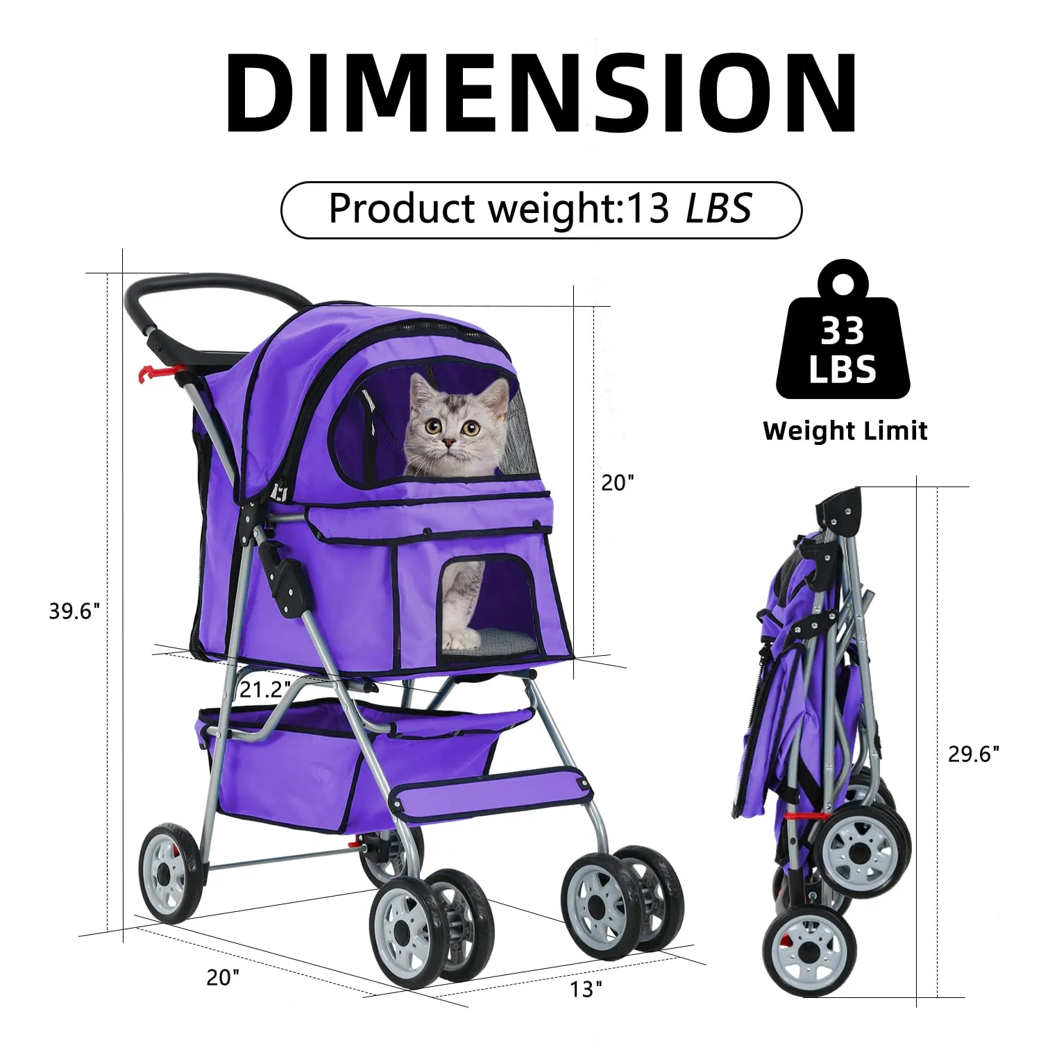 4 Wheels Cat Stroller, Pet Dog Jogger Stroller, Folding Carrier Waterproof Puppy Stroller with Cup Holder & Removable Liner, Dog Strollers for Small Dogs, for Small and Medium Pet Supplies (Purple)