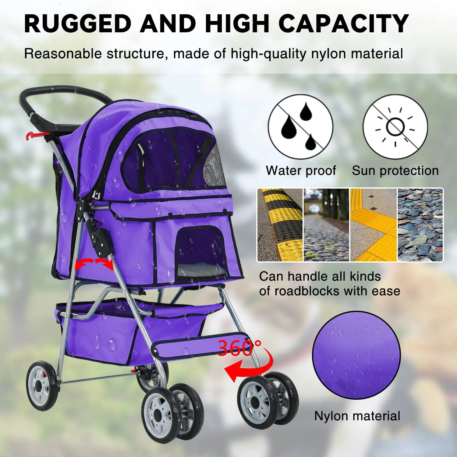 4 Wheels Cat Stroller, Pet Dog Jogger Stroller, Folding Carrier Waterproof Puppy Stroller with Cup Holder & Removable Liner, Dog Strollers for Small Dogs, for Small and Medium Pet Supplies (Purple)