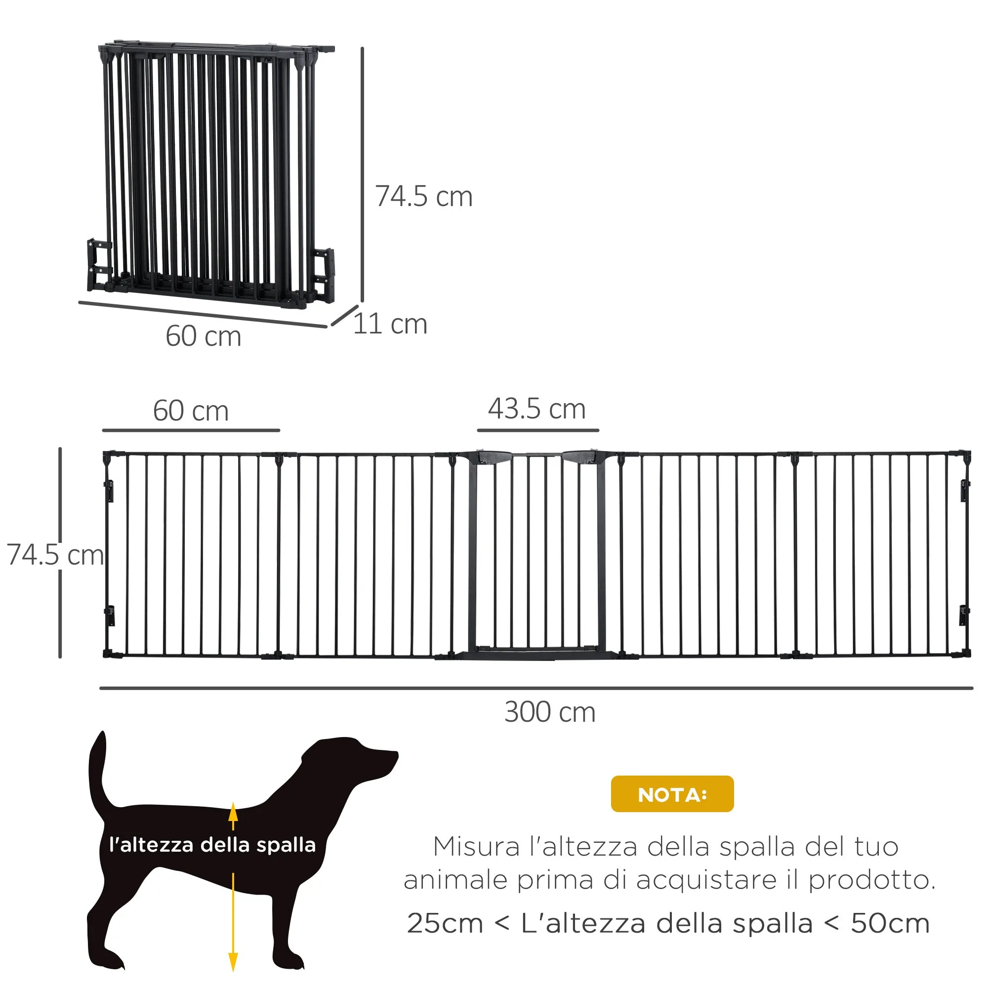 5 Panel Folding Dog Gate for Small and Medium Dogs, Metal and Plastic, 300x3x74.5 cm, Black