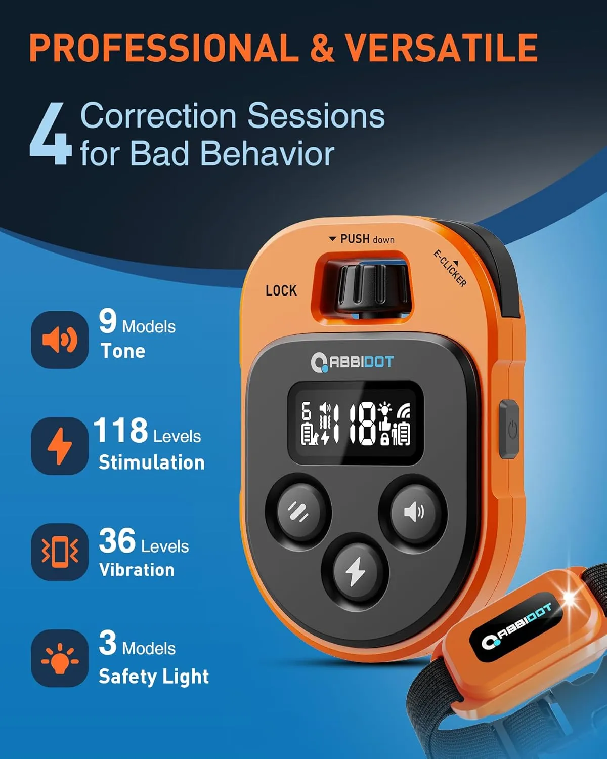 ABBIDOT Dog Training Collar with Remote, Trainers Choice, 4100Ft, 178 Levels, 5 Modes (E-Clicker, Night Lights, Vibration, Correction, Tone), Waterproof, Fits 5-120lbs Small, Medium, Large Dogs