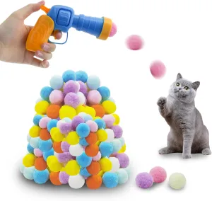 Andiker Cat Toy Balls Set, 30pcs Plush Pom Pom Balls & Plastic Launcher - Interactive Cat Toys for Indoor Play (Blue 100balls)