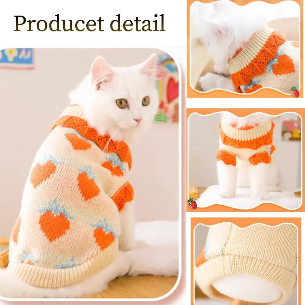 ANIAC Fall Dog Sweater for Small Dog Girl Strawberry Knitted Cat Sweater Winter Puppy Clothes Turtleneck Kitten Knitwear Could Weather Outfit for Teacup Chihuahua Yorkie Poodle (Small, Orange)