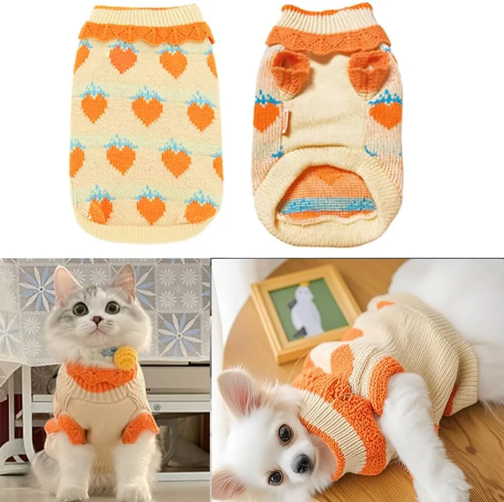 ANIAC Fall Dog Sweater for Small Dog Girl Strawberry Knitted Cat Sweater Winter Puppy Clothes Turtleneck Kitten Knitwear Could Weather Outfit for Teacup Chihuahua Yorkie Poodle (Small, Orange)