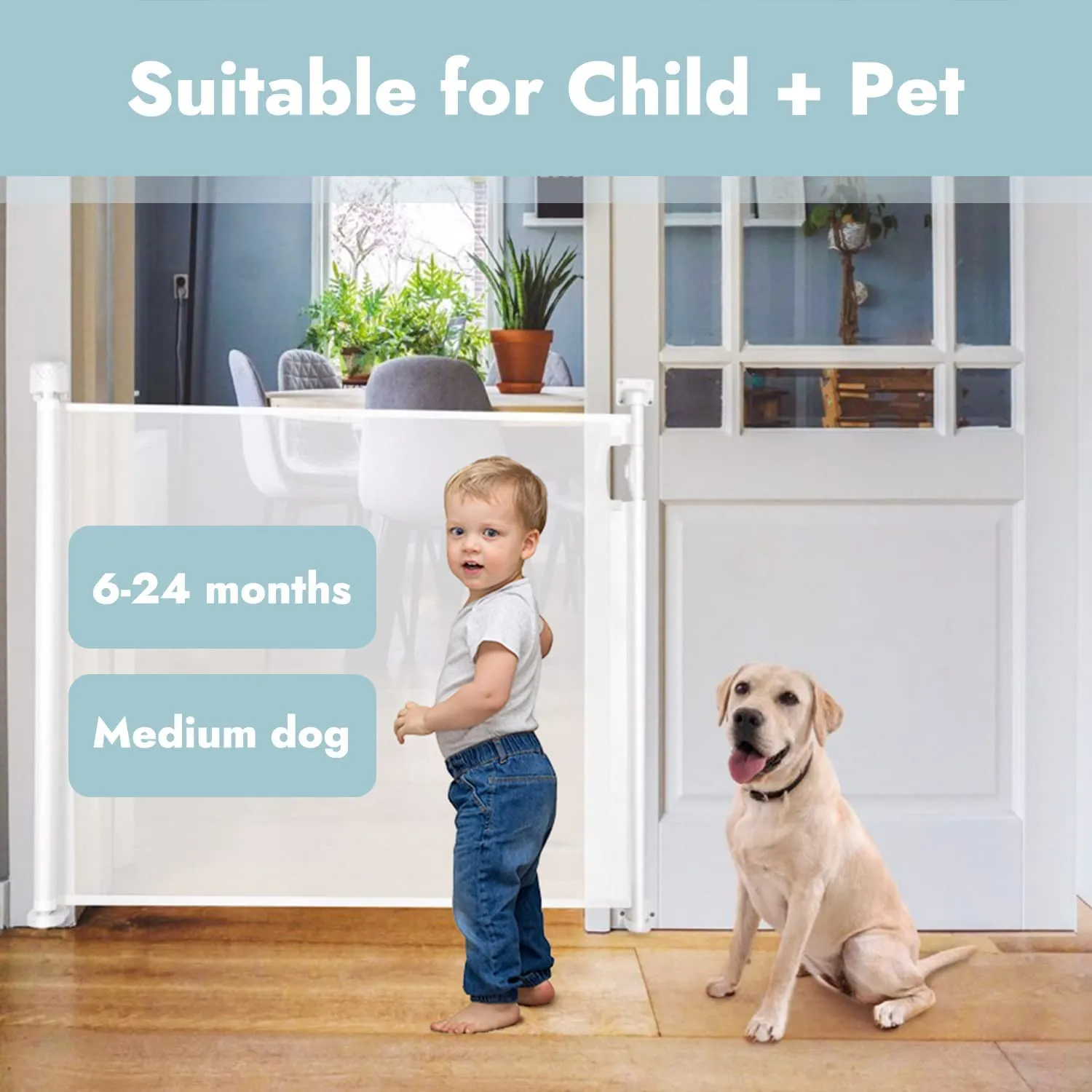 Baybee Retractable Mesh Baby Safety Gate for Kids, Baby Fence Barrier Pet Gate Expandable Upto 140Cm (White)