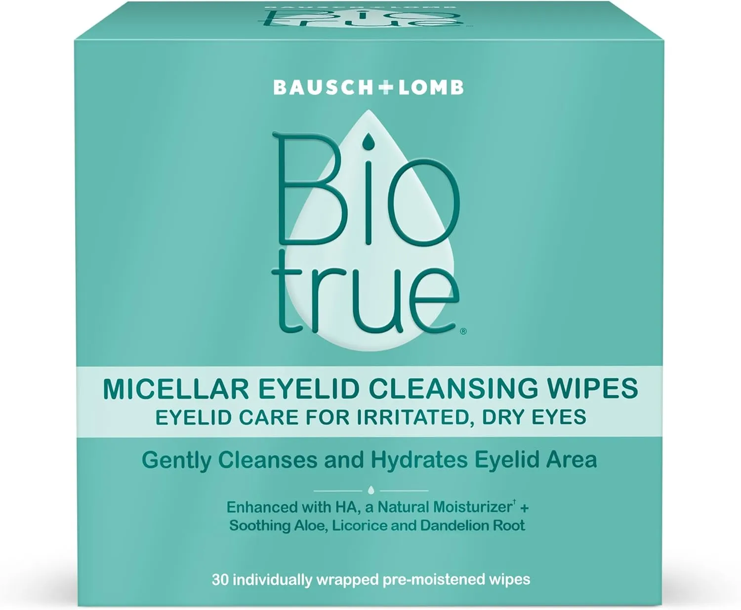 Biotrue Micellar Eyelid Cleansing Wipes, Eyelid Care for Irritated and Dry Eyes from Bausch   Lomb, Fragrance Free, Soothing, Naturally Inspired, 30 Wipes, Pack of 1