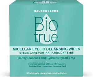 Biotrue Micellar Eyelid Cleansing Wipes, Eyelid Care for Irritated and Dry Eyes from Bausch   Lomb, Fragrance Free, Soothing, Naturally Inspired, 30 Wipes, Pack of 1