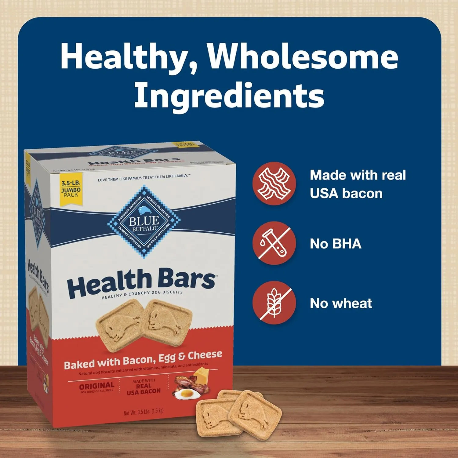 Blue Buffalo Health Bars Oven-Baked with Natural Ingredients, Bacon, Egg & Cheese Crunchy Dog Biscuits, 3 lbs.