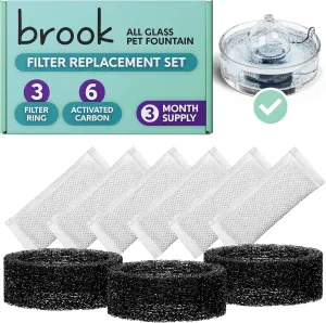 BROOK Glass Pet Fountain Filter Replacement Set  3 Filter Rings & 6 Activated Carbon Pouches  3 Month Supply Replacement Filters Set for BROOK Cat Fountain