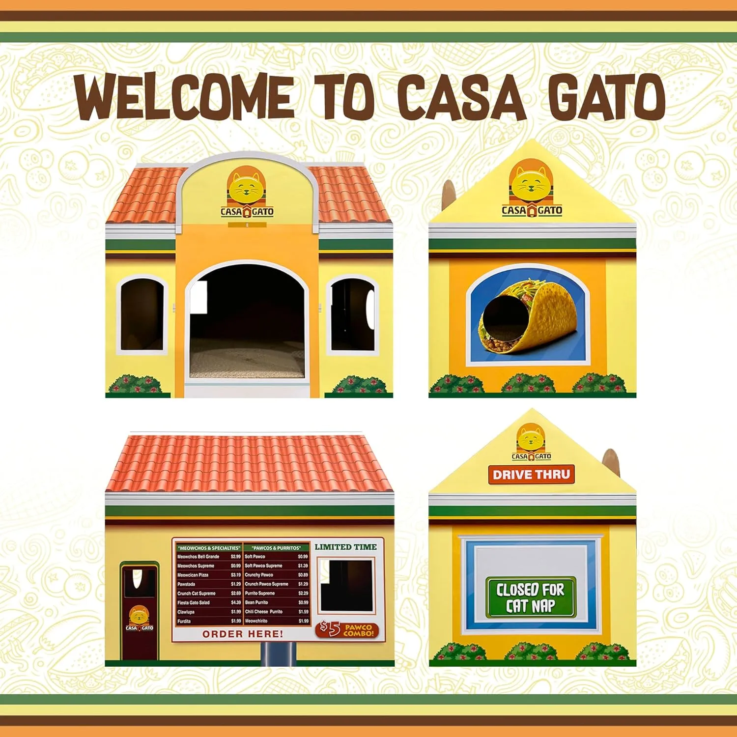 Capnip Cardboard Cat House with Scratcher for Indoor Cats  Mexican Fast Food Theme with Peek Holes, Casa Gato Design
