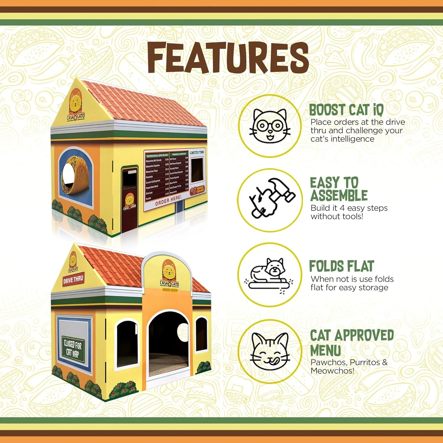 Capnip Cardboard Cat House with Scratcher for Indoor Cats  Mexican Fast Food Theme with Peek Holes, Casa Gato Design