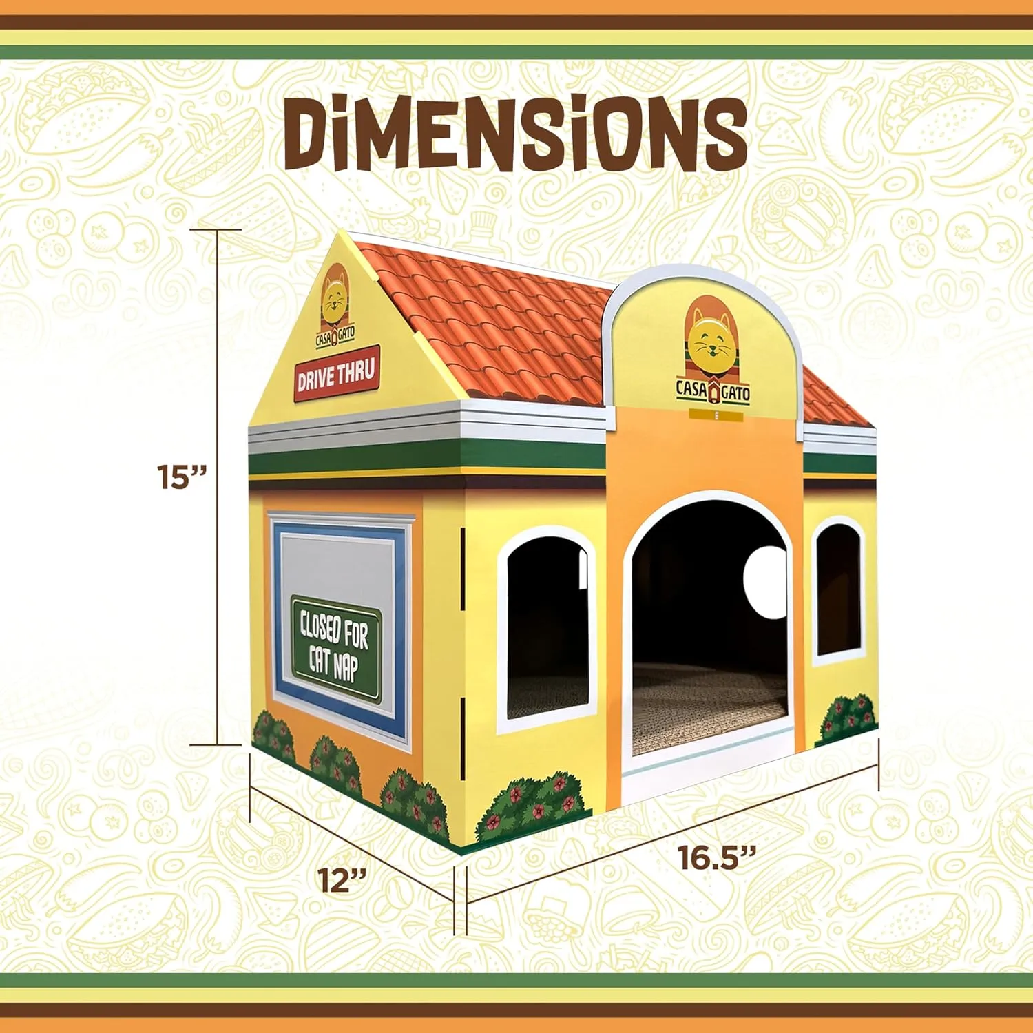 Capnip Cardboard Cat House with Scratcher for Indoor Cats  Mexican Fast Food Theme with Peek Holes, Casa Gato Design