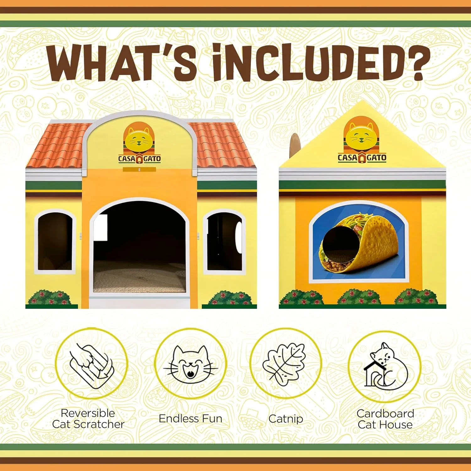 Capnip Cardboard Cat House with Scratcher for Indoor Cats  Mexican Fast Food Theme with Peek Holes, Casa Gato Design