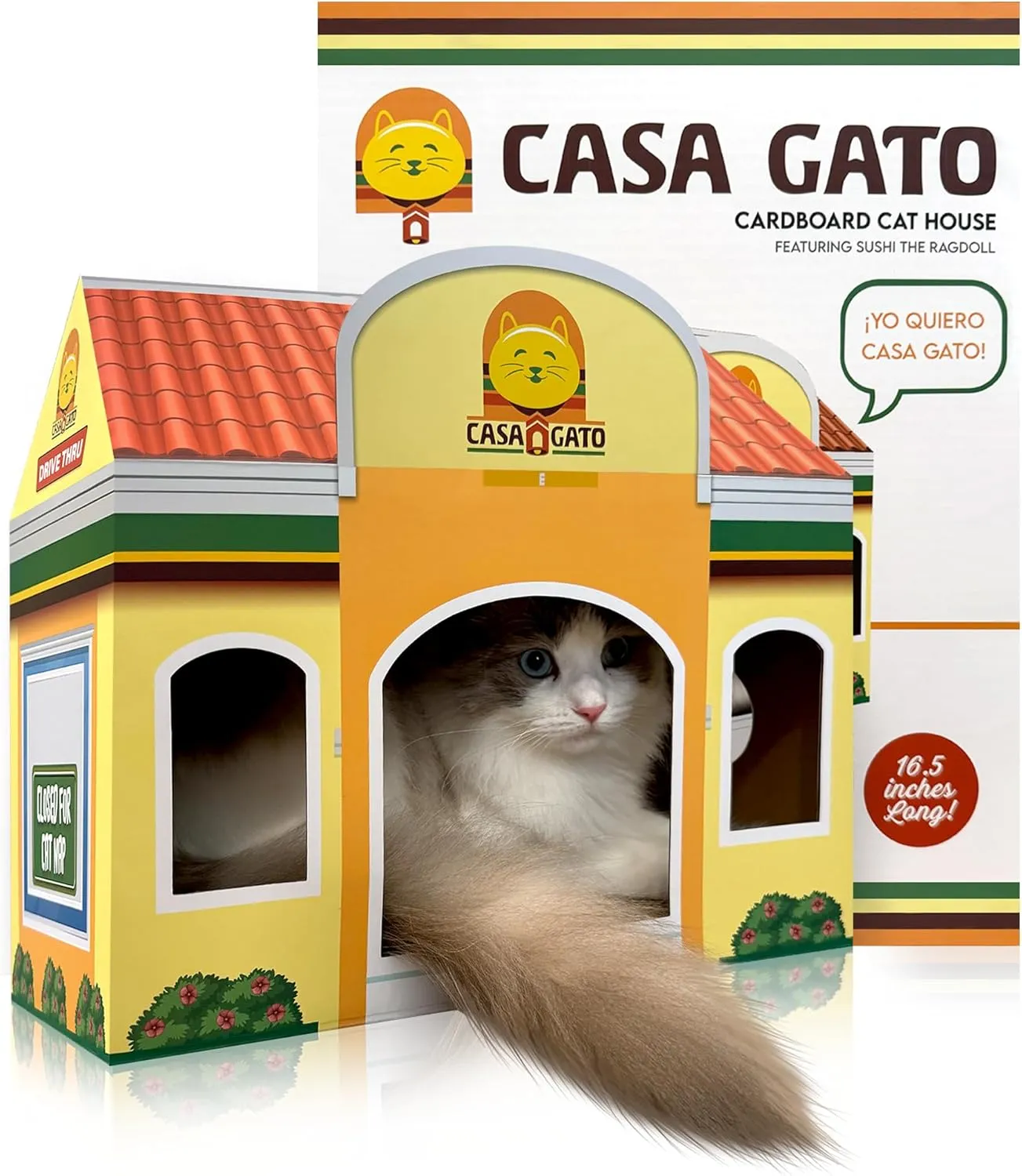 Capnip Cardboard Cat House with Scratcher for Indoor Cats  Mexican Fast Food Theme with Peek Holes, Casa Gato Design