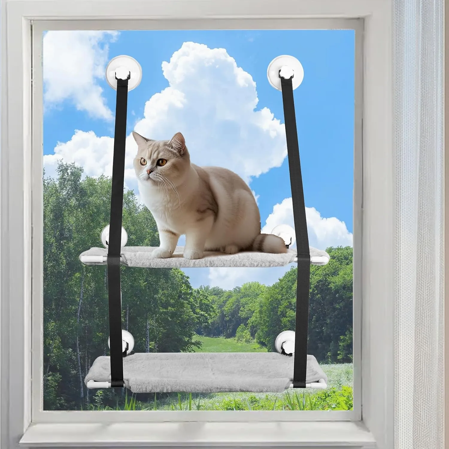 Cat Window Hammock,Sturdy Window Cat Seat Cat Window Perch for Indoor Cat Single and Double Stack Tray Available (Double Stack)