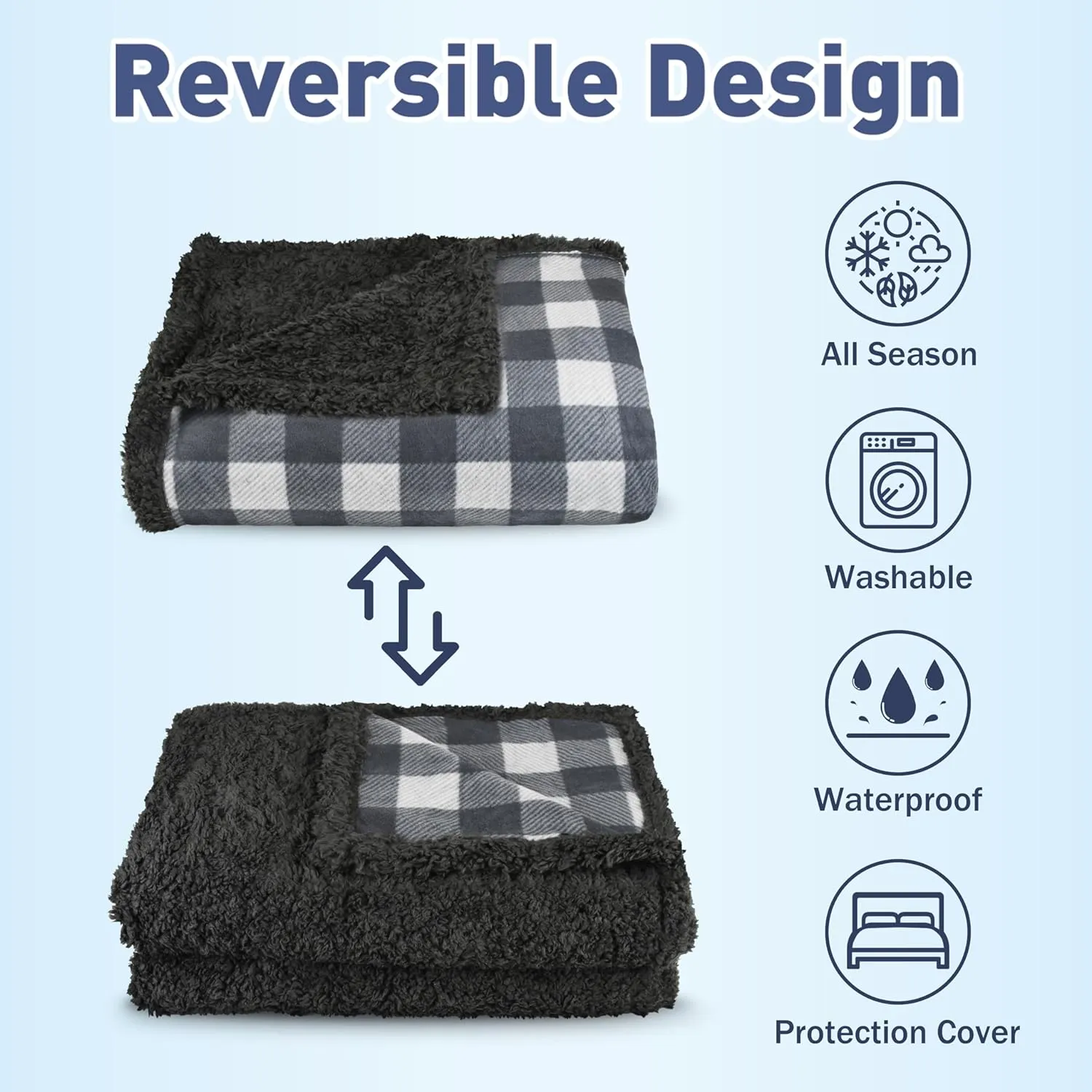 Catalonia Waterproof Bed Blanket, Washable Leakproof Bed Cover for Couples, Reversible Protector Blanket for Couch Sofa, Stain Proof Blanket Pad for Adults, 80X60 inches, Grey Plaid
