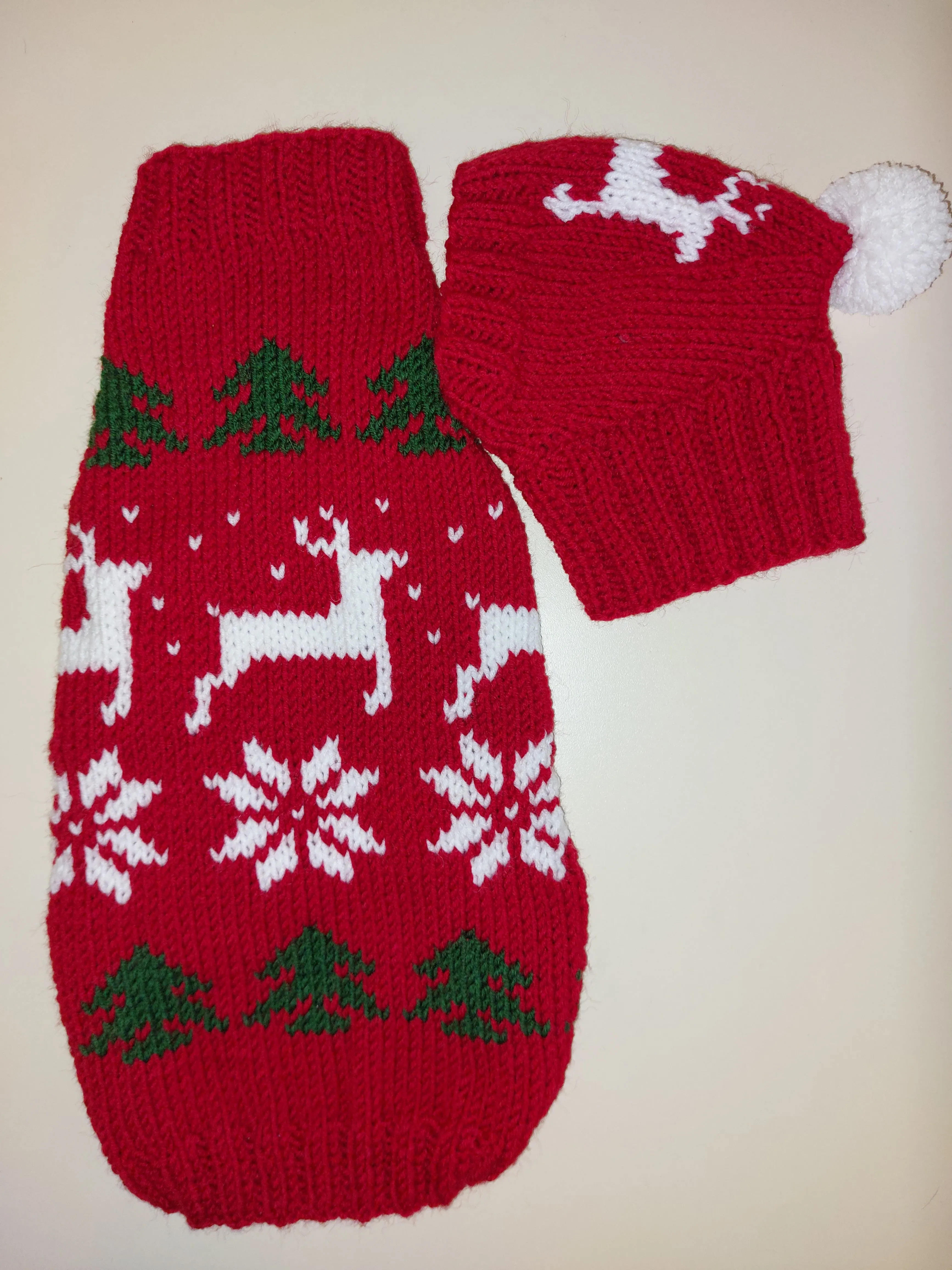 Christmas outfit for a dachshund costume sweater and hat with Christmas trees, snowflakes and deer