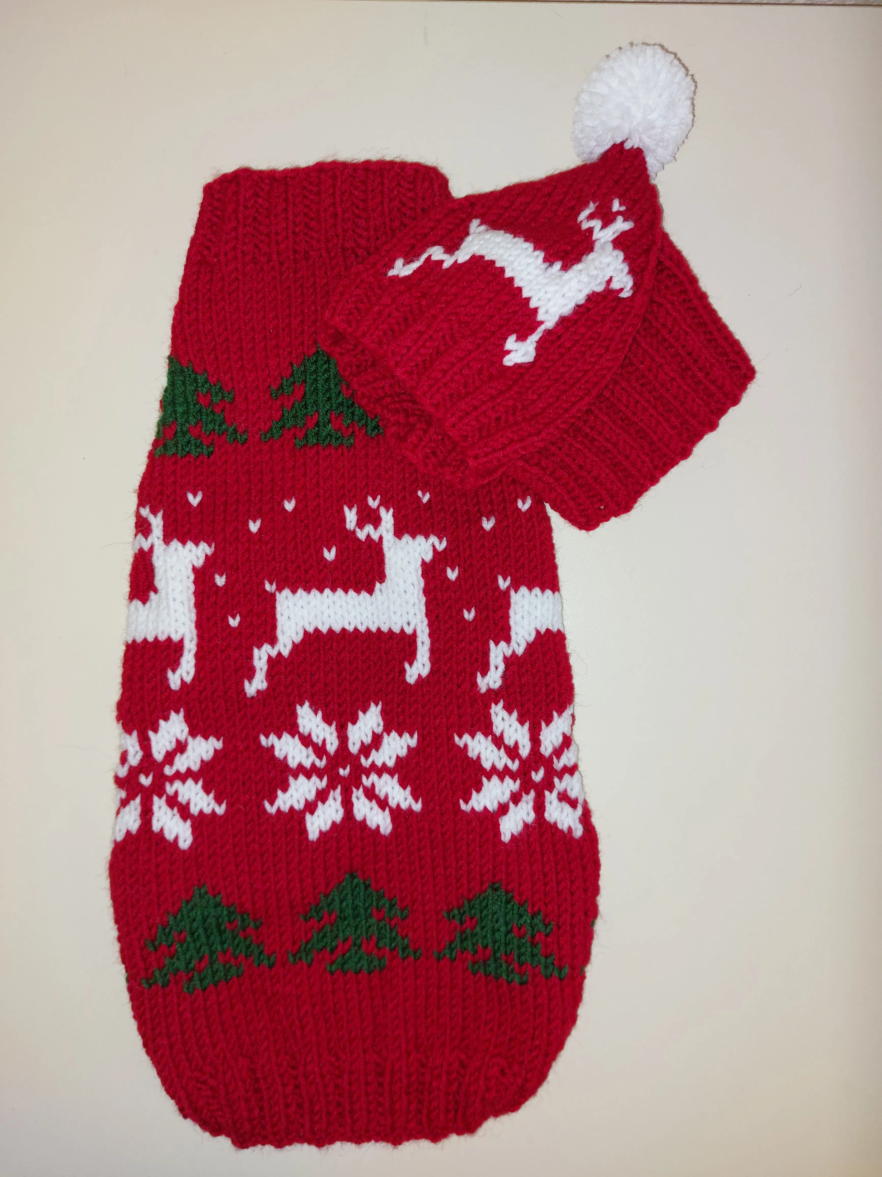 Christmas outfit for a dachshund costume sweater and hat with Christmas trees, snowflakes and deer