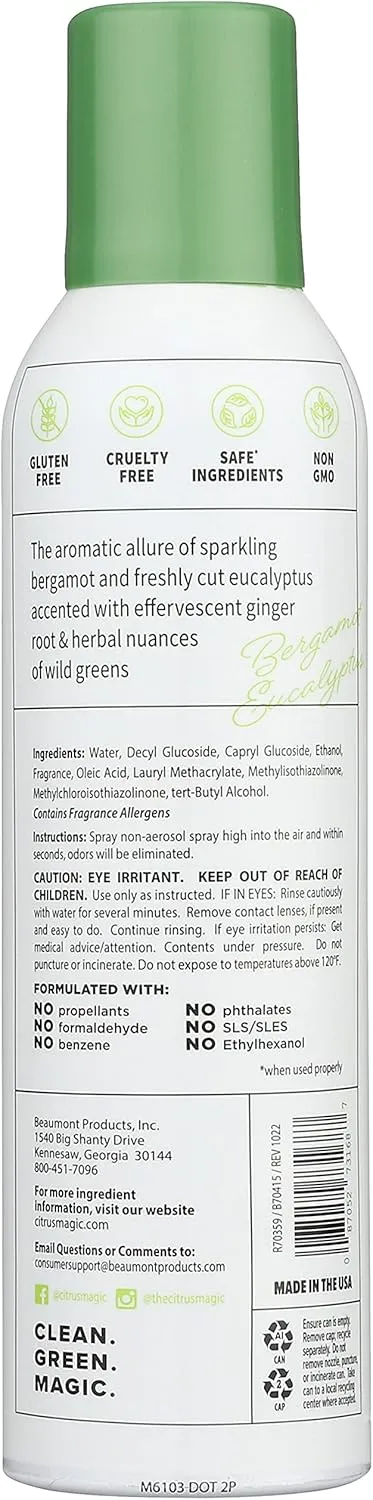 Citrus Magic Herbaceous Odor Eliminating Air Freshener Spray, Bergamot Eucalyptus, 8-Ounce, Pack of 2