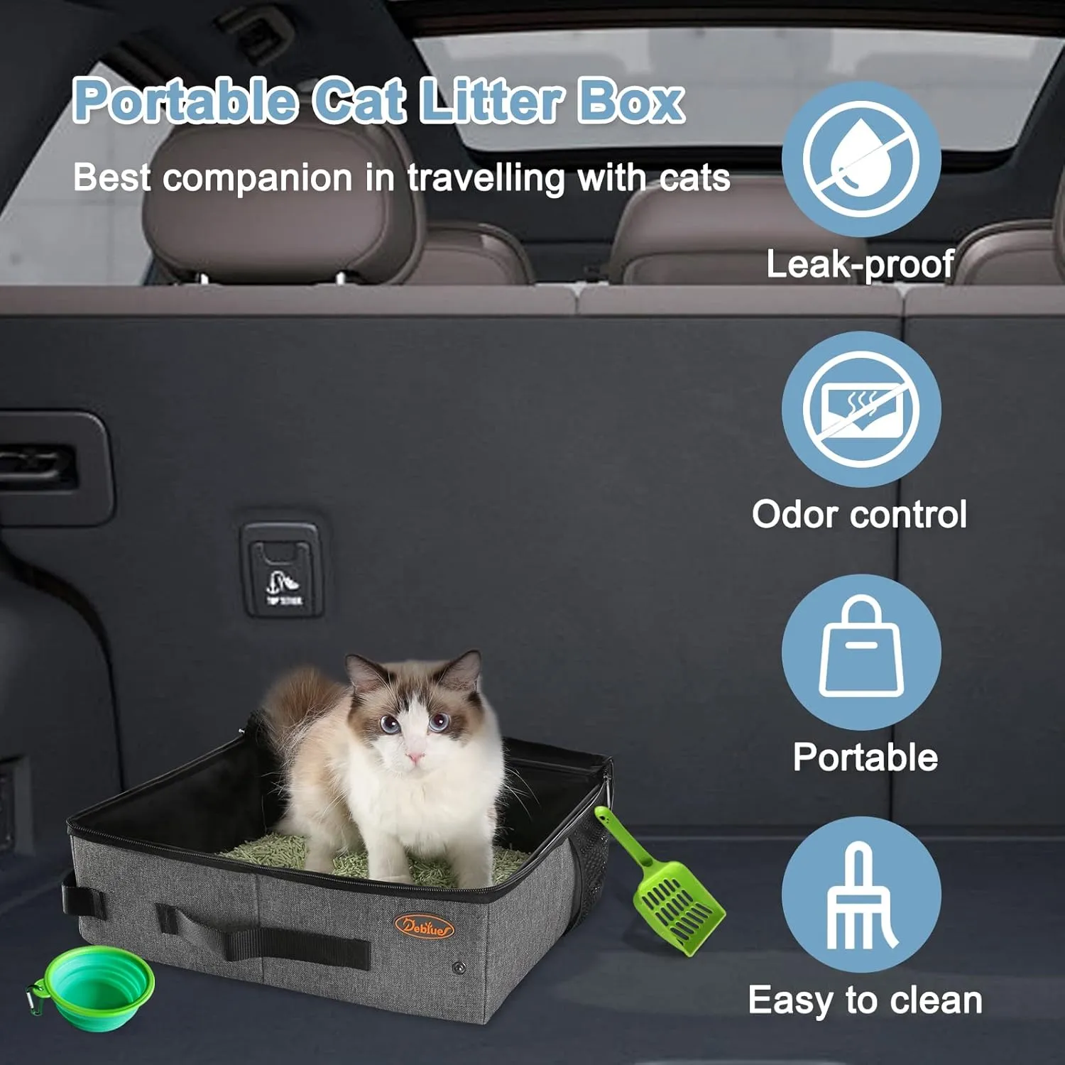 Deblue Portable Cat Travel Litter Box with Lid, Leak-Proof and Water-Proof, Lightweight Cat Litter Box for Car, Road Trip, Hotel, Airplane, and Outdoor-Grey