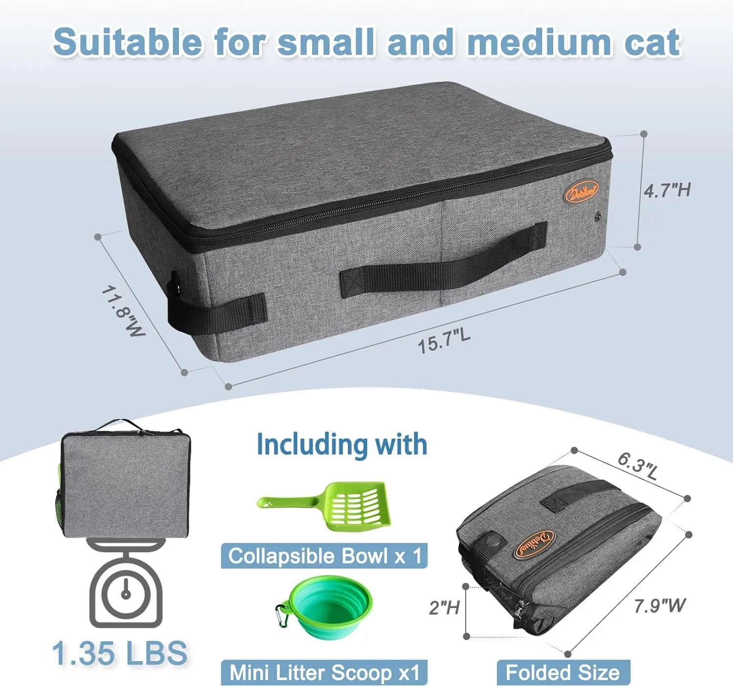 Deblue Portable Cat Travel Litter Box with Lid, Leak-Proof and Water-Proof, Lightweight Cat Litter Box for Car, Road Trip, Hotel, Airplane, and Outdoor-Grey