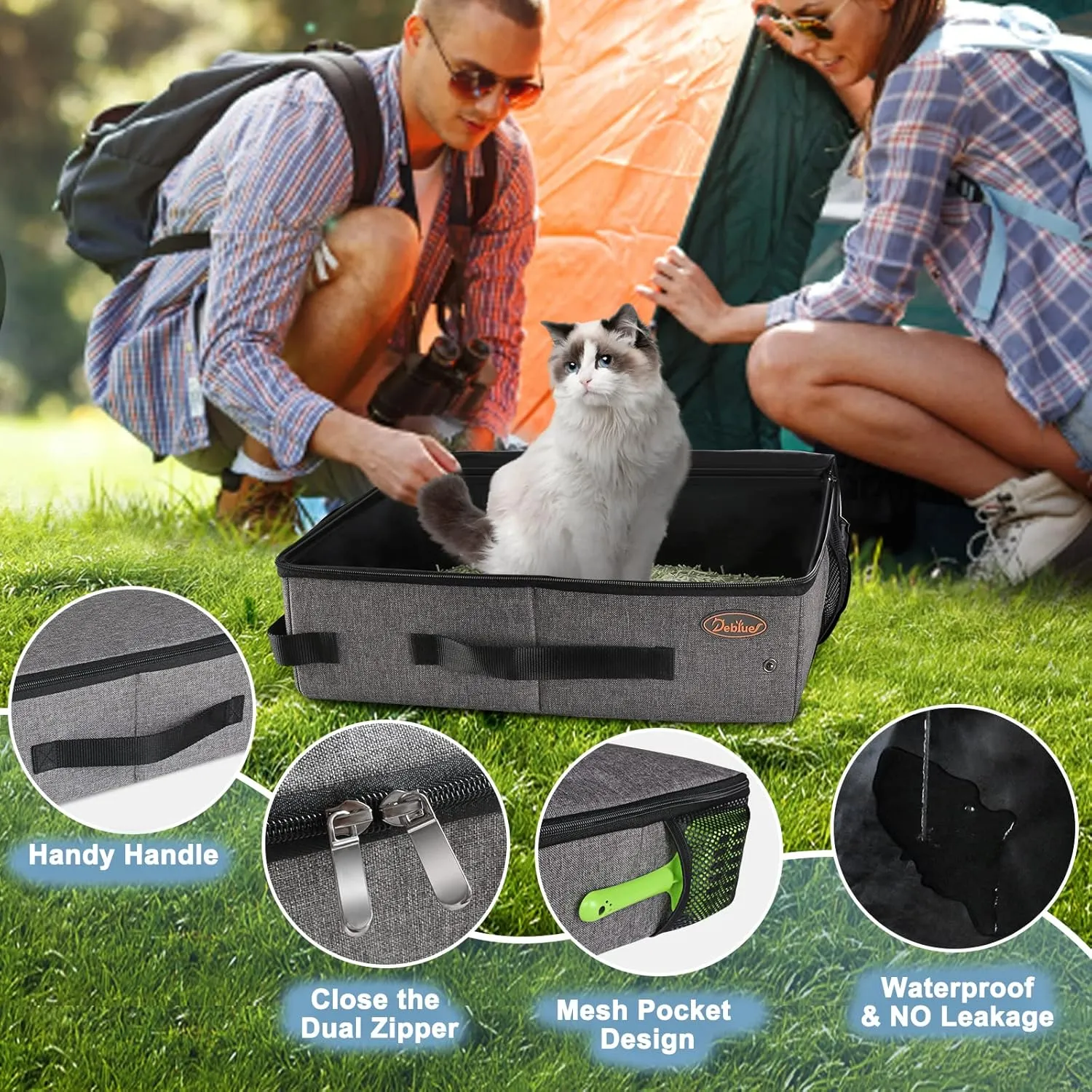 Deblue Portable Cat Travel Litter Box with Lid, Leak-Proof and Water-Proof, Lightweight Cat Litter Box for Car, Road Trip, Hotel, Airplane, and Outdoor-Grey