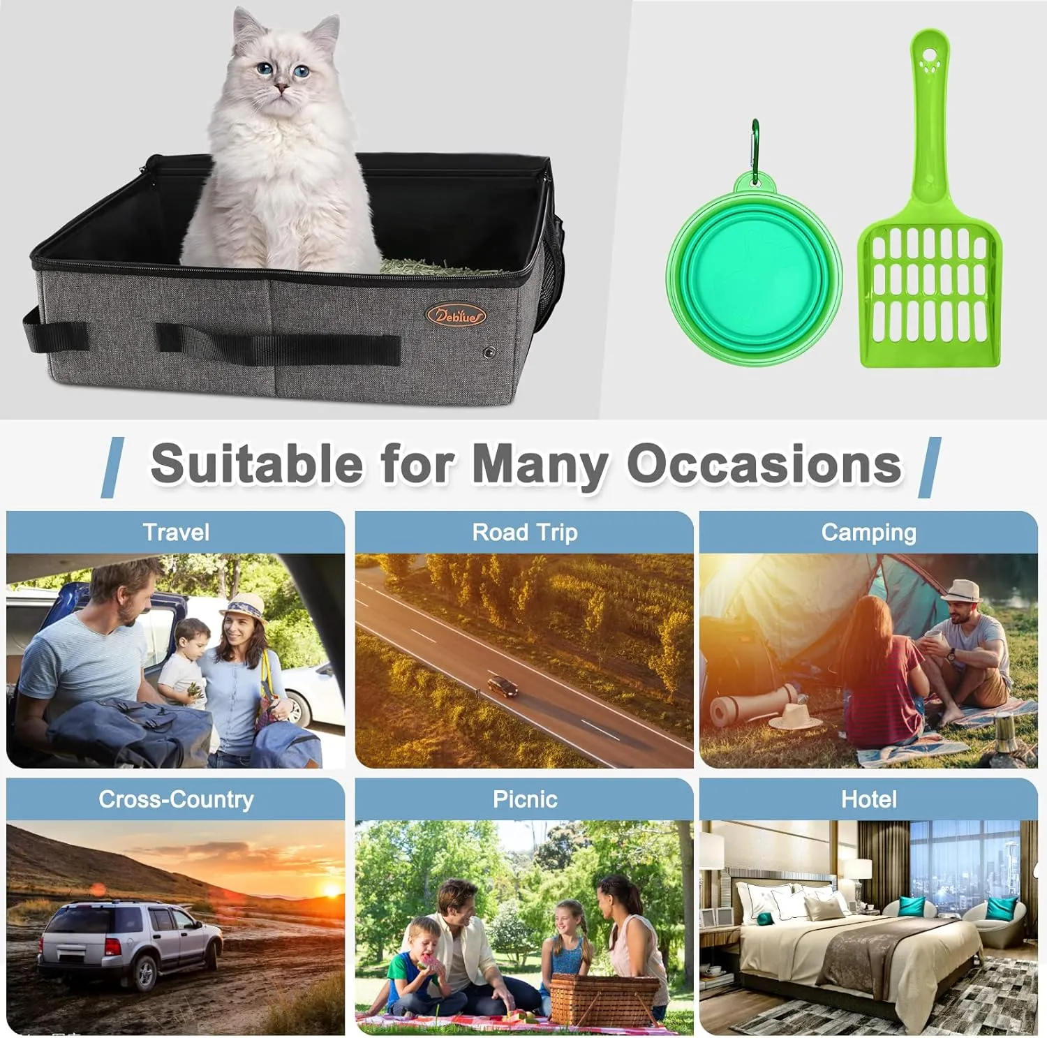 Deblue Portable Cat Travel Litter Box with Lid, Leak-Proof and Water-Proof, Lightweight Cat Litter Box for Car, Road Trip, Hotel, Airplane, and Outdoor-Grey
