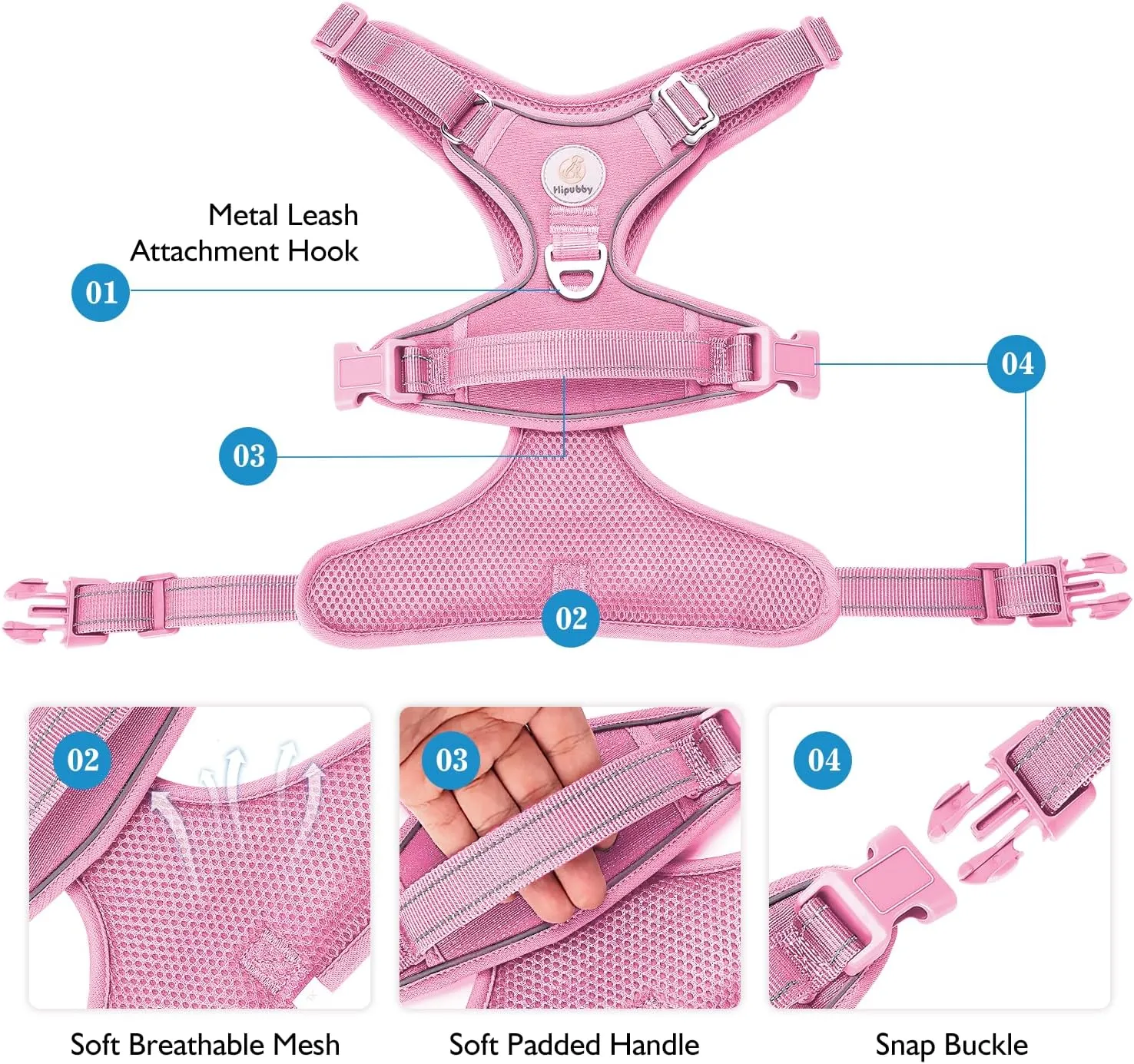 Dog Harness Small Sized Dog, No Pull Pet Harness with 2 Metal Rings and Control Handle, Adjustable Soft Dog Vest with Reflective Strips, Easy Walking and Training for Small Dogs, Pink, S