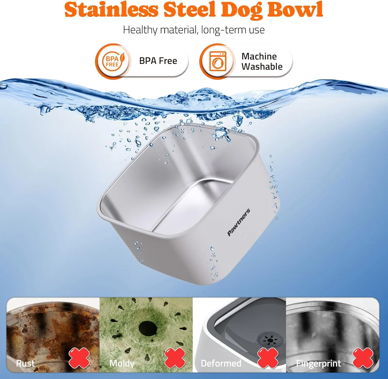 Dog Water Bowl No Spill, 4.5L Stainless Steel Dog Floating Bowl, Slow Water Bowl for Dog with Filter, Non-Slip Base, No Splash Water Bowl for Medium Large Messy Drinkers White
