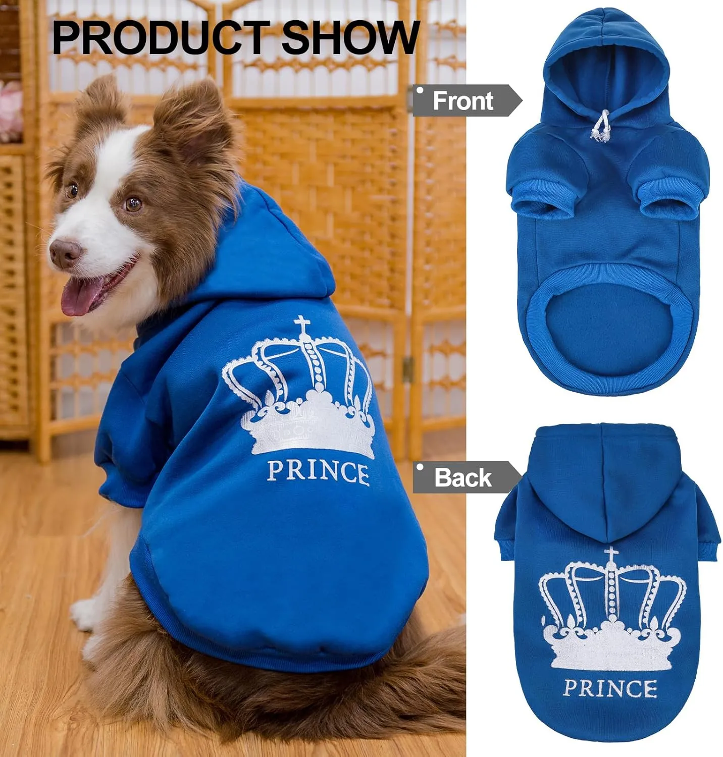 EXPAWLORER Prince Dog Hoodie for Boys - Hooded Sweater With Leash Hole, Cold Weather Clothes, Sweatshirt With Pocket, Warm Pet Outfit, Winter Coats for XS-XXL Dogs