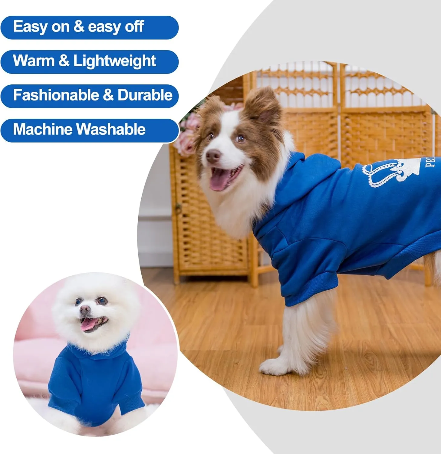 EXPAWLORER Prince Dog Hoodie for Boys - Hooded Sweater With Leash Hole, Cold Weather Clothes, Sweatshirt With Pocket, Warm Pet Outfit, Winter Coats for XS-XXL Dogs