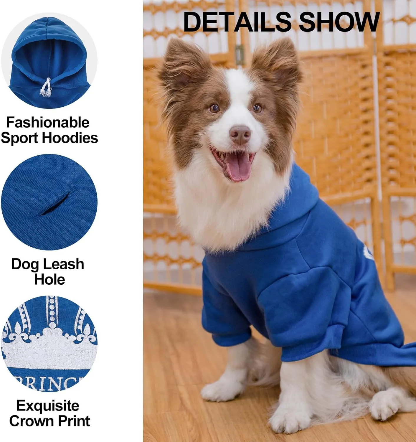EXPAWLORER Prince Dog Hoodie for Boys - Hooded Sweater With Leash Hole, Cold Weather Clothes, Sweatshirt With Pocket, Warm Pet Outfit, Winter Coats for XS-XXL Dogs