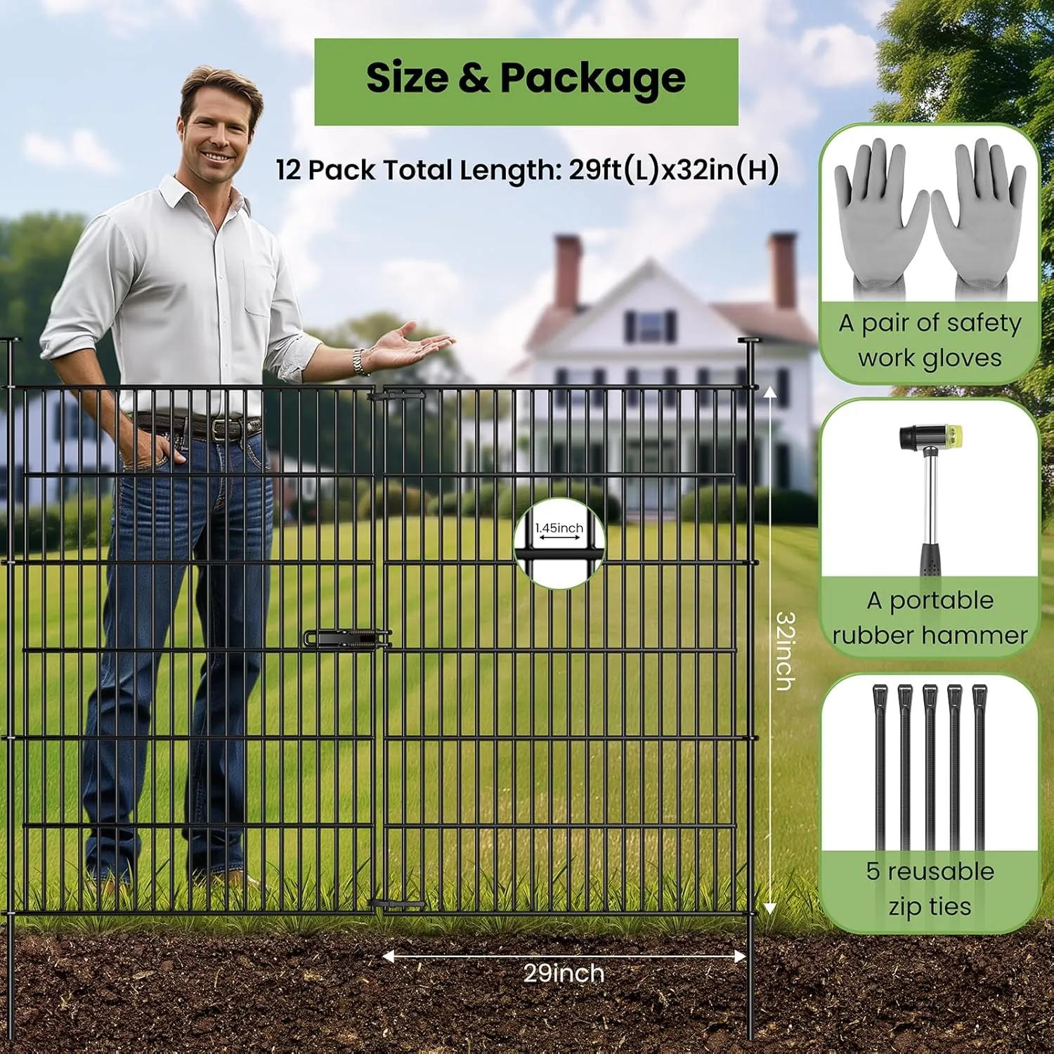 Garden Dog Fence Animal Barrier Outdoor for Yard 12 Panels with Gate 29ft(L) X 32in(H), Garden Fencing Includes Gloves, Hammer&Zip Ties, Rustproof Metal Temporary No Dig Fence Border for Dogs