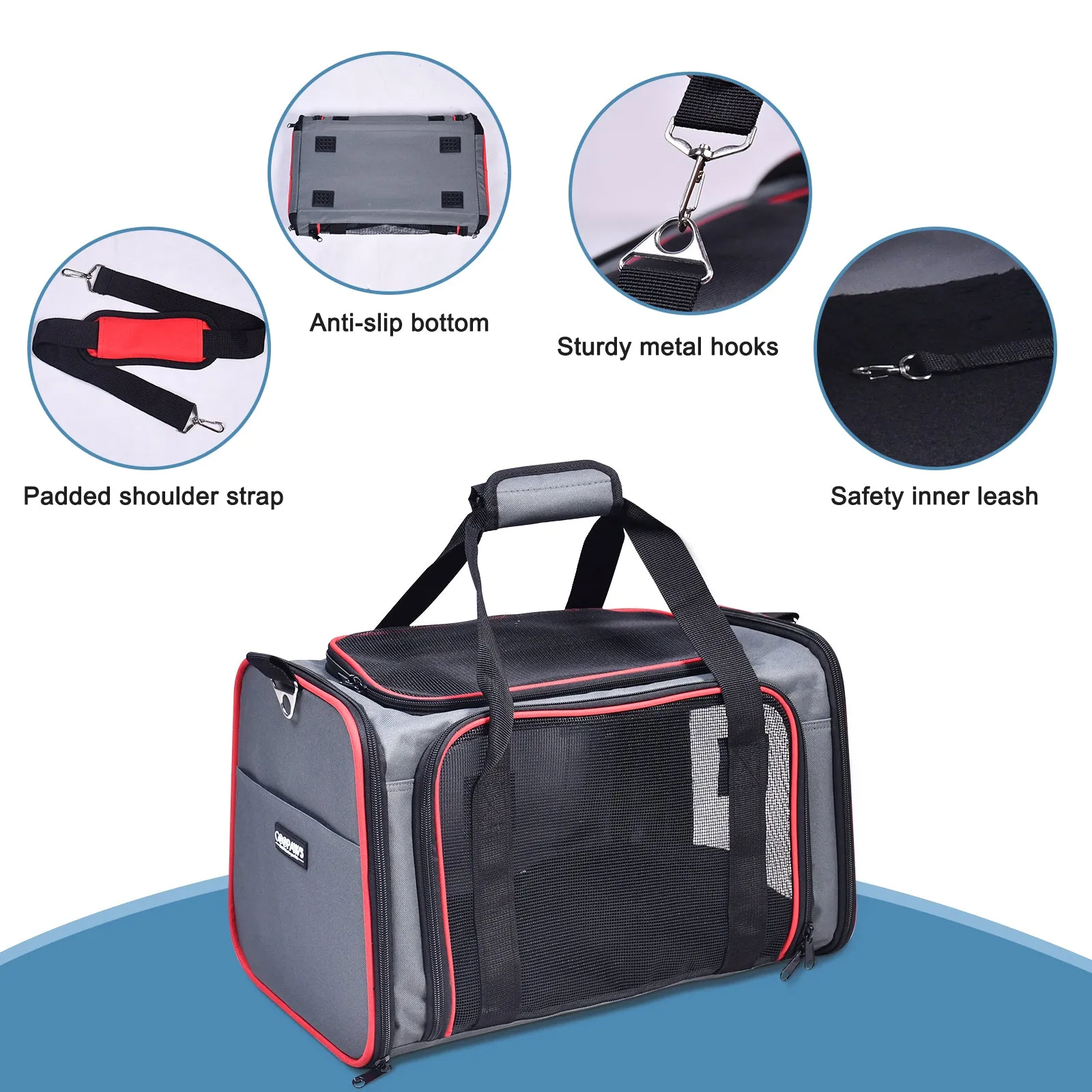 GOOPAWS Soft-Sided Travel Small Dog & Cat Carrier Bag, Gray/Red, 19''