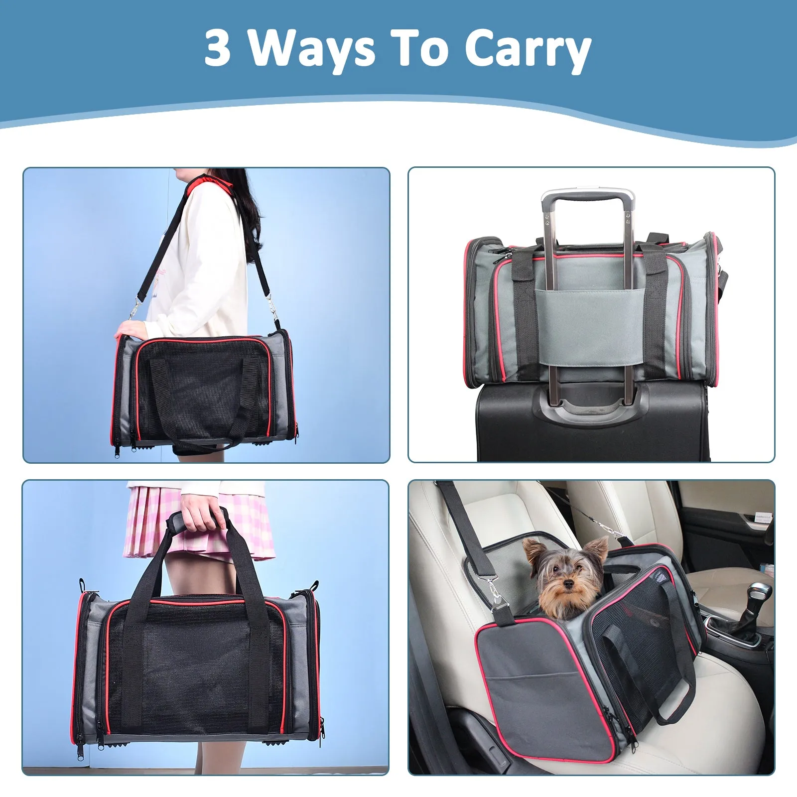GOOPAWS Soft-Sided Travel Small Dog & Cat Carrier Bag, Gray/Red, 19''