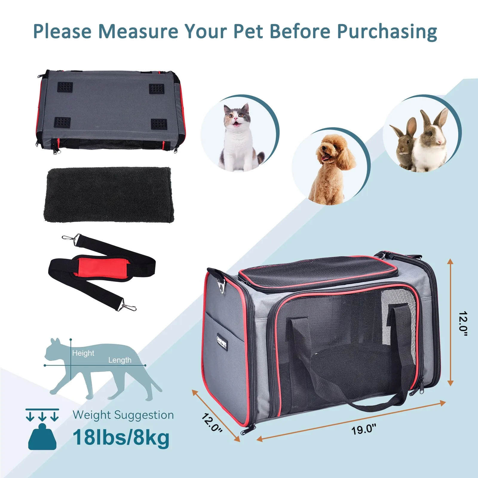 GOOPAWS Soft-Sided Travel Small Dog & Cat Carrier Bag, Gray/Red, 19''