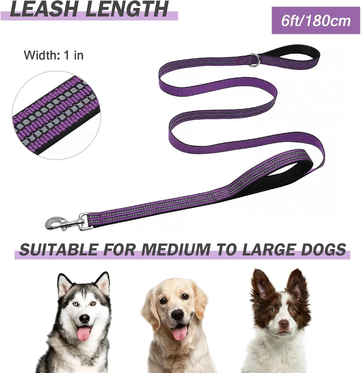 Hikiko 6FT Purple Dog Leash with Dual Handles Heavy Duty Reflective Strong Dog Leash for Walking and Training