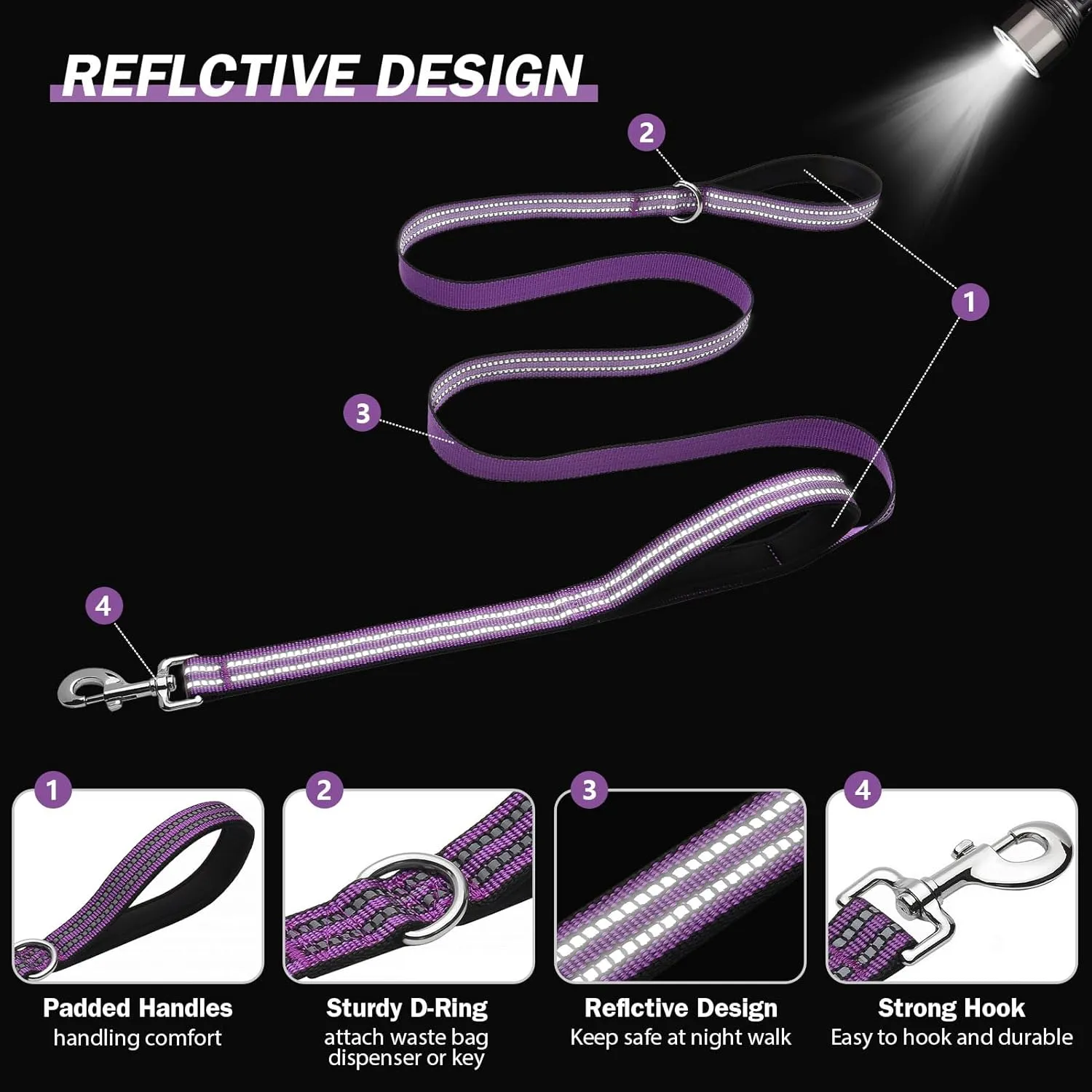 Hikiko 6FT Purple Dog Leash with Dual Handles Heavy Duty Reflective Strong Dog Leash for Walking and Training