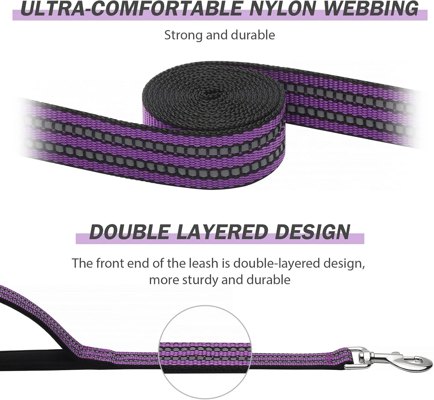 Hikiko 6FT Purple Dog Leash with Dual Handles Heavy Duty Reflective Strong Dog Leash for Walking and Training