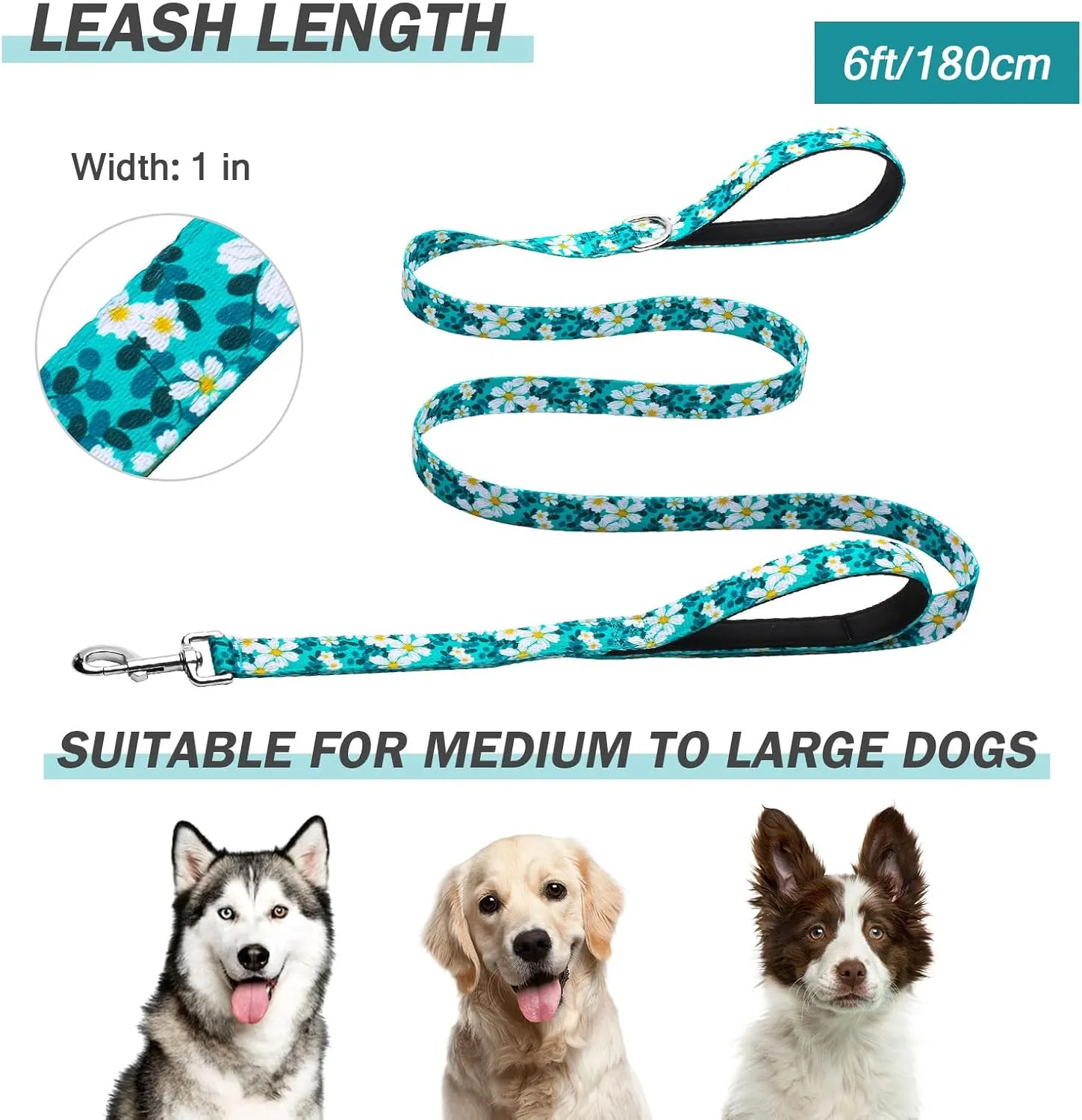 Hikiko Double Handle Dog Leash 6 Ft for Medium Large Dogs, Padded Traffic Handles Lead for Walking Training (Green Flower)
