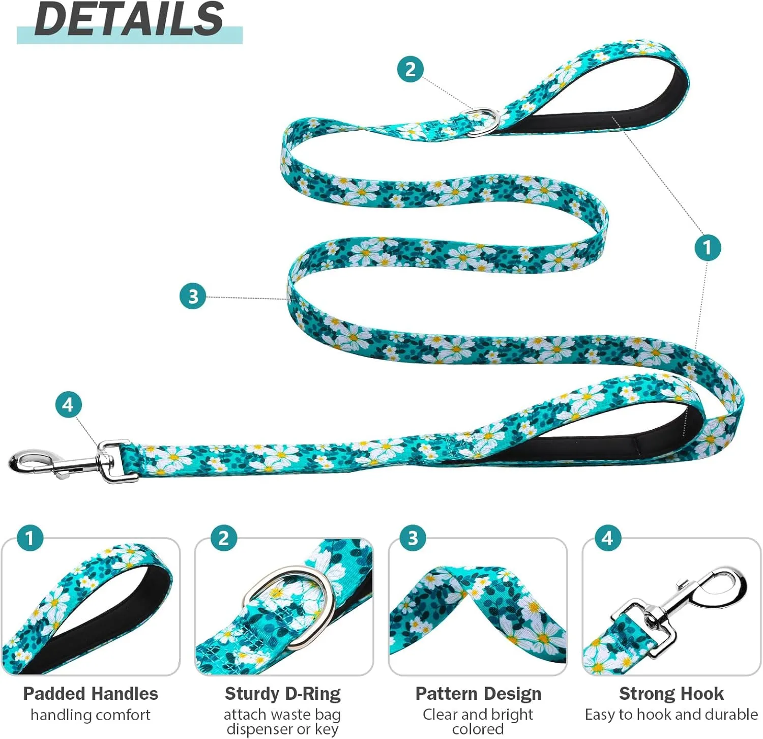 Hikiko Double Handle Dog Leash 6 Ft for Medium Large Dogs, Padded Traffic Handles Lead for Walking Training (Green Flower)