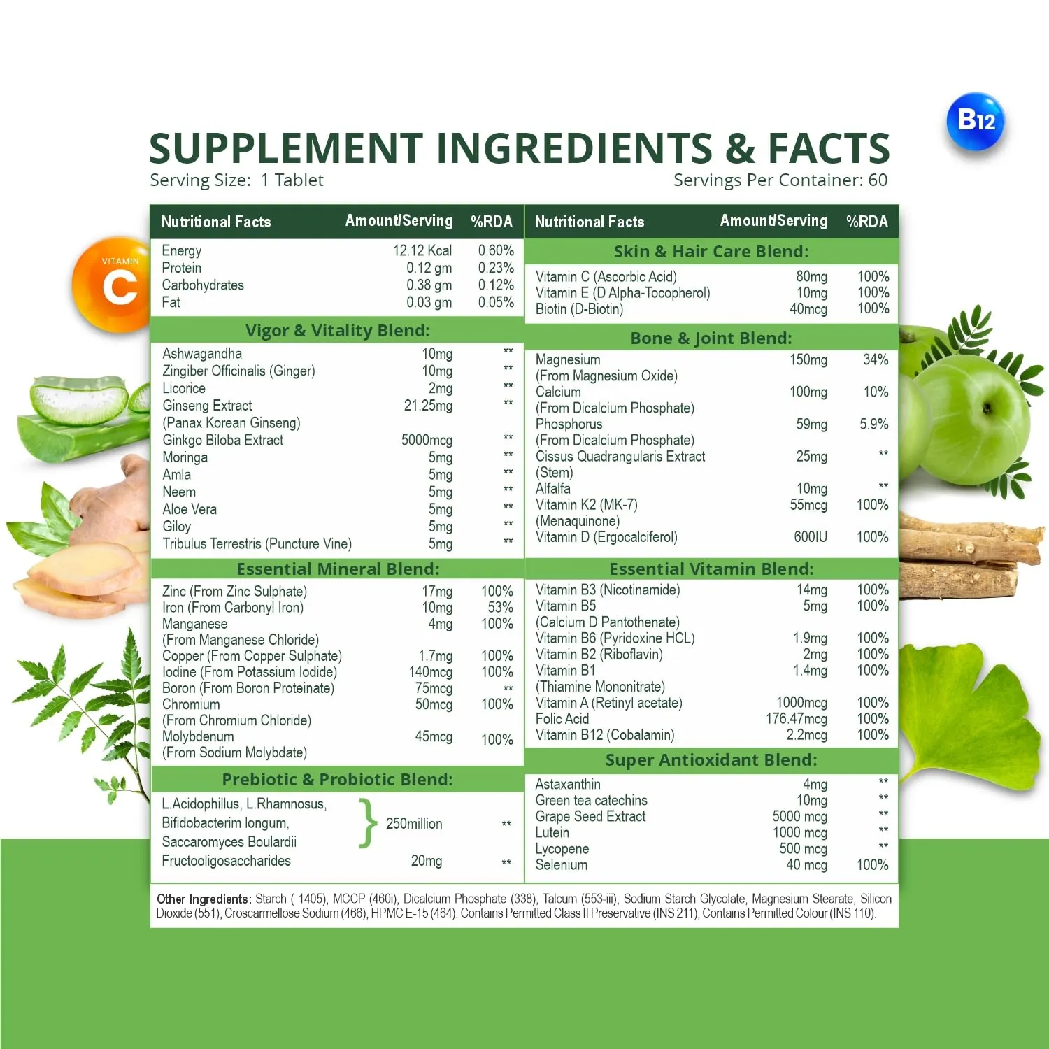 Himalayan Organics Multivitamin With Probiotics - 45 Ingredients Supplement For Men And Women | Vitamin C, D, E, B3, B5, B12, Zinc, Magnesium, Giloy & Biotin | Good For Bone & Joint Support | Gut health - 60 Veg Tablets