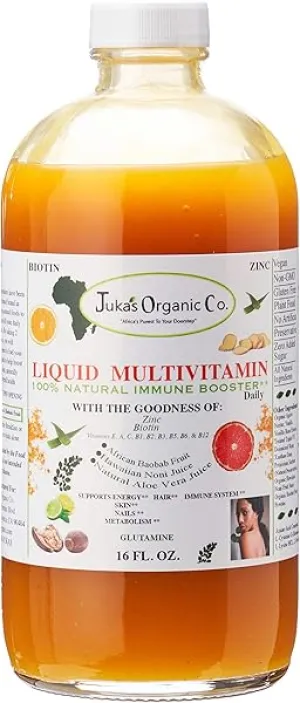Juka's Organic Co. Liquid Multivitamin for SKIN | HAIR | NAILS with Zinc | Biotin | Baobab | Vitamin A-E |Traced Minerals, Amino Acid | Boost Immune, Energy & Digestive System in Glass Bottles 16oz in Pakistan