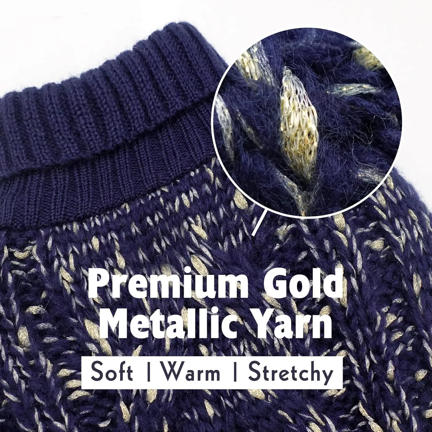KYEESE Dog Sweater Pullover Dog Clothes Pullover Winter Dog Coat Turtleneck Knitwear Sweater with Golden Yarn for Small Dog, Navy Blue, Medium