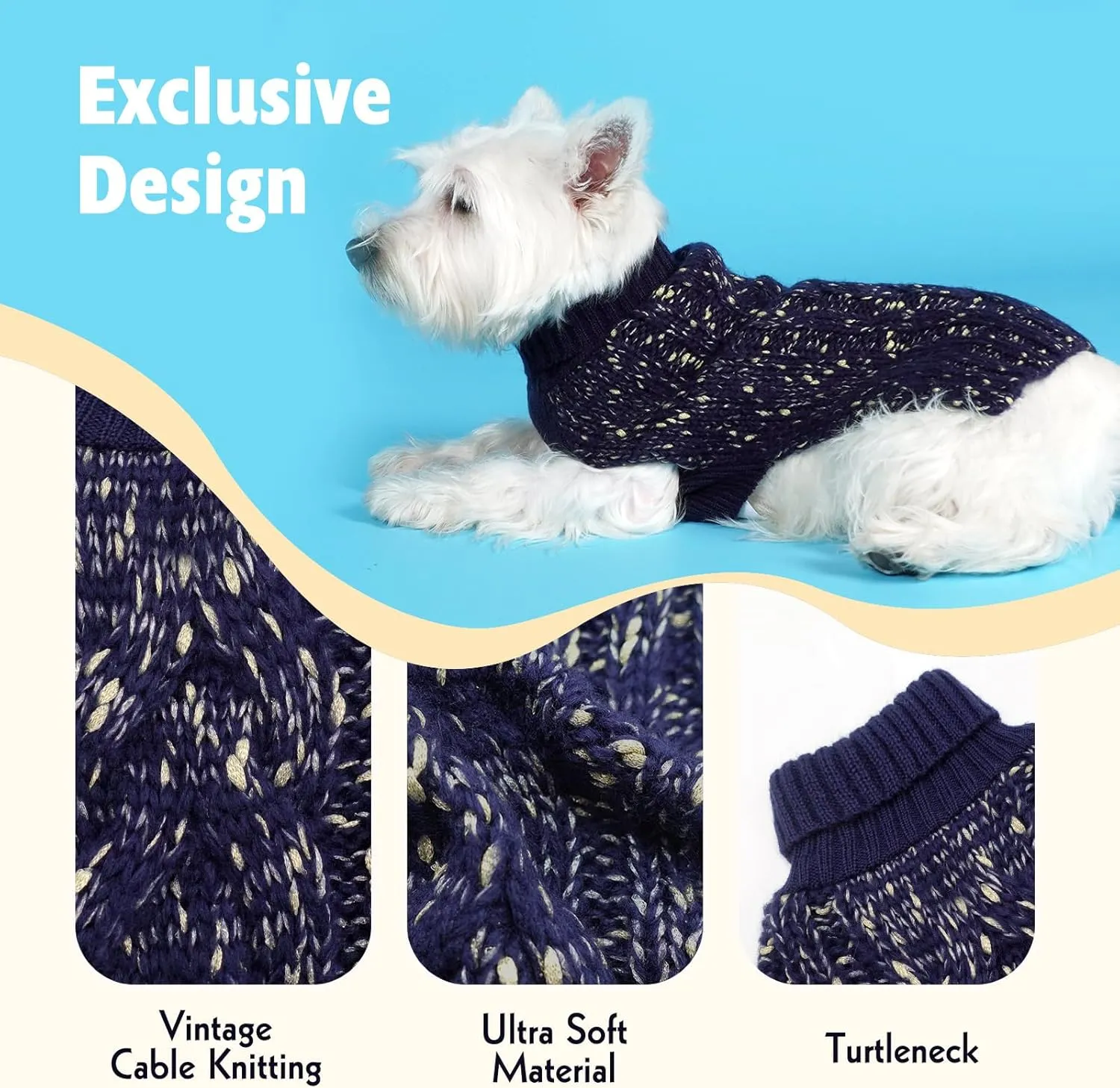 KYEESE Dog Sweater Pullover Dog Clothes Pullover Winter Dog Coat Turtleneck Knitwear Sweater with Golden Yarn for Small Dog, Navy Blue, Medium